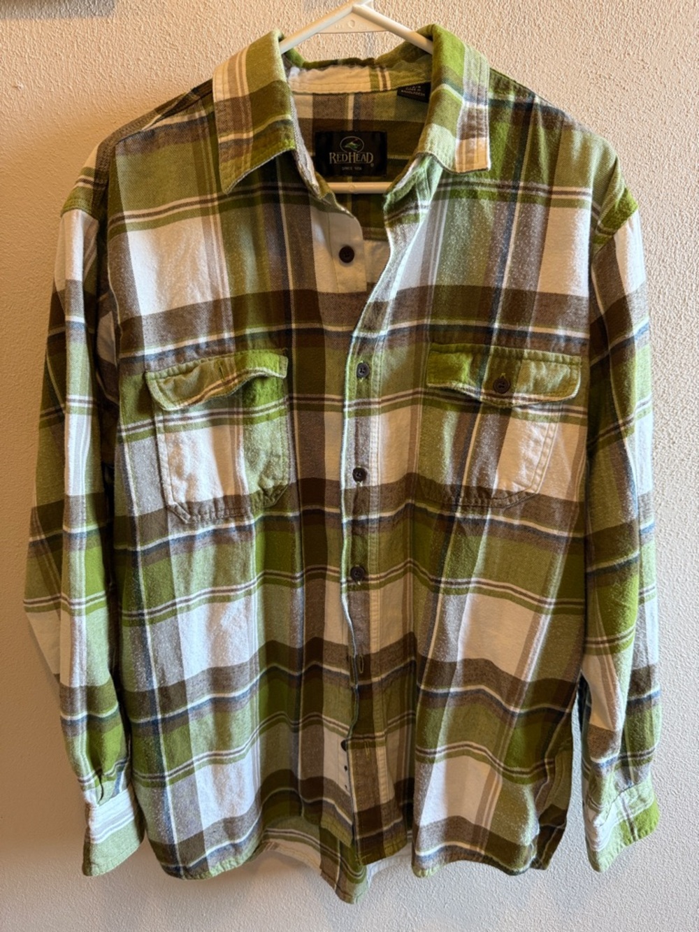 RedHead Olive and White Plaid Flannel Shirt Large